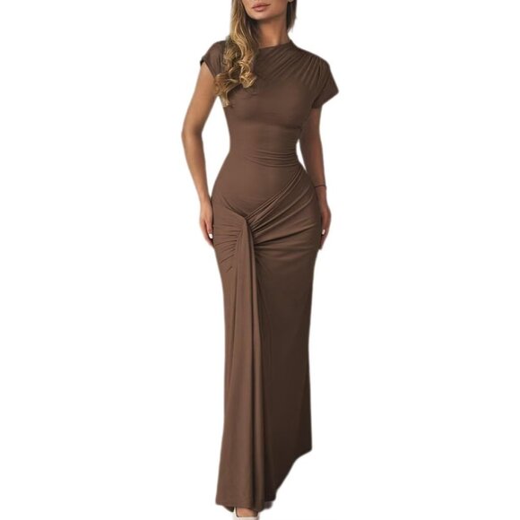Women Maxi Dress Sexy Mock Neck Lace Up Ruched Bodycon Formal Party